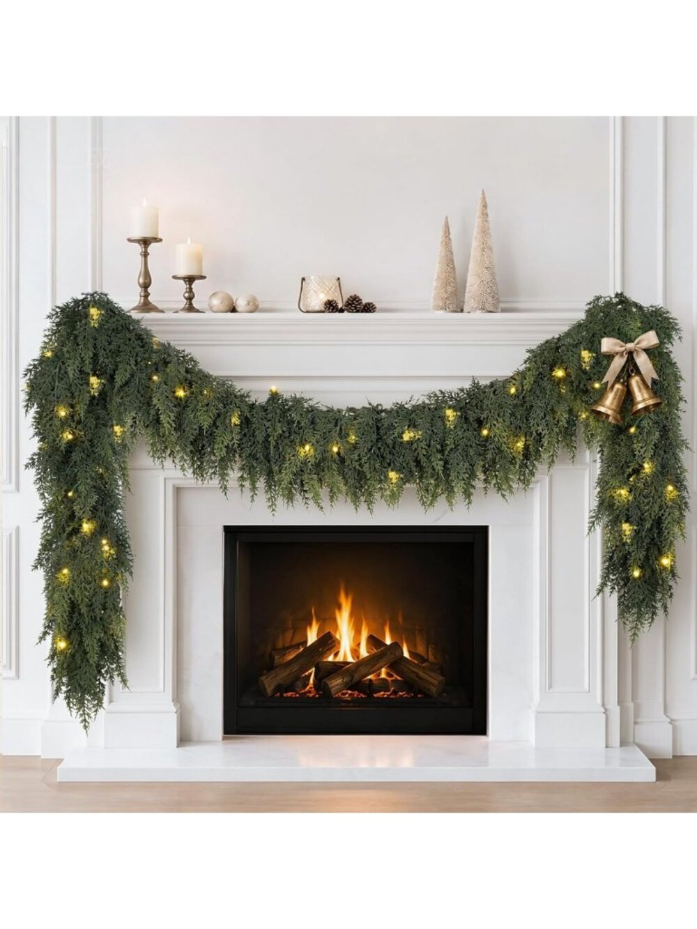 9FT Cedar Christmas Garland with Lights Realistic Prelit Pine Garland Decor